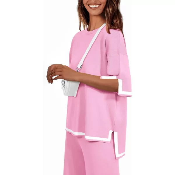 imagePRETTYGARDEN Womens Summer 2 Piece Outfits Casual Short Sleeve Knit Sweater Tops Wide Leg Pants Lounge Sets TracksuitsPink