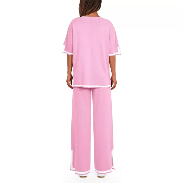 imagePRETTYGARDEN Womens Summer 2 Piece Outfits Casual Short Sleeve Knit Sweater Tops Wide Leg Pants Lounge Sets TracksuitsPink