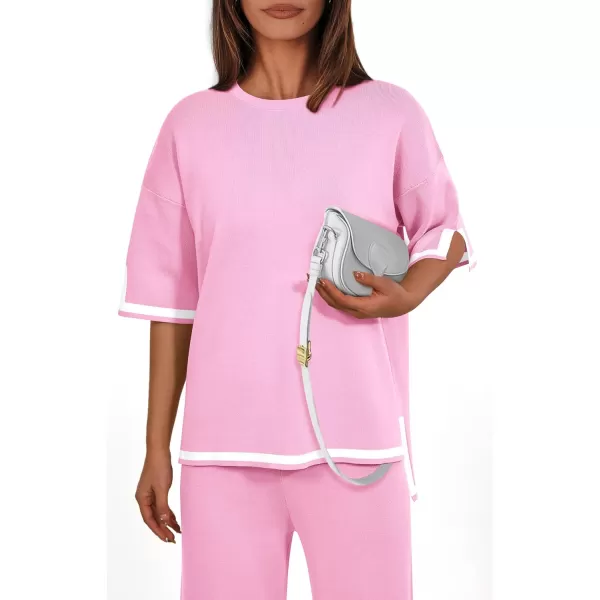 imagePRETTYGARDEN Womens Summer 2 Piece Outfits Casual Short Sleeve Knit Sweater Tops Wide Leg Pants Lounge Sets TracksuitsPink
