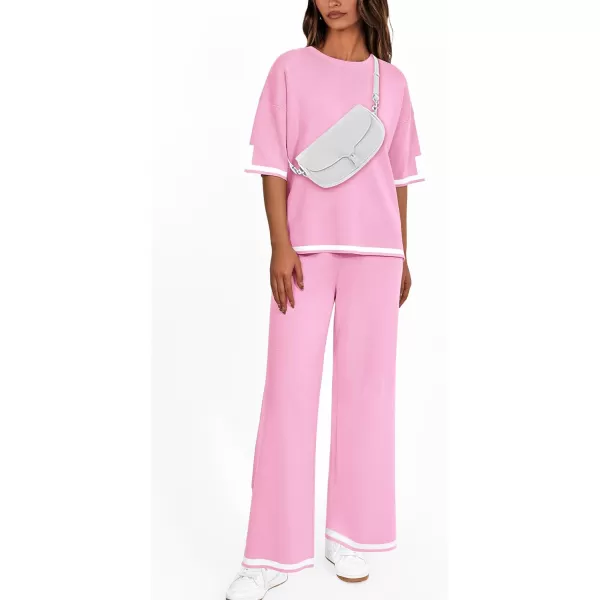 imagePRETTYGARDEN Womens Summer 2 Piece Outfits Casual Short Sleeve Knit Sweater Tops Wide Leg Pants Lounge Sets TracksuitsPink