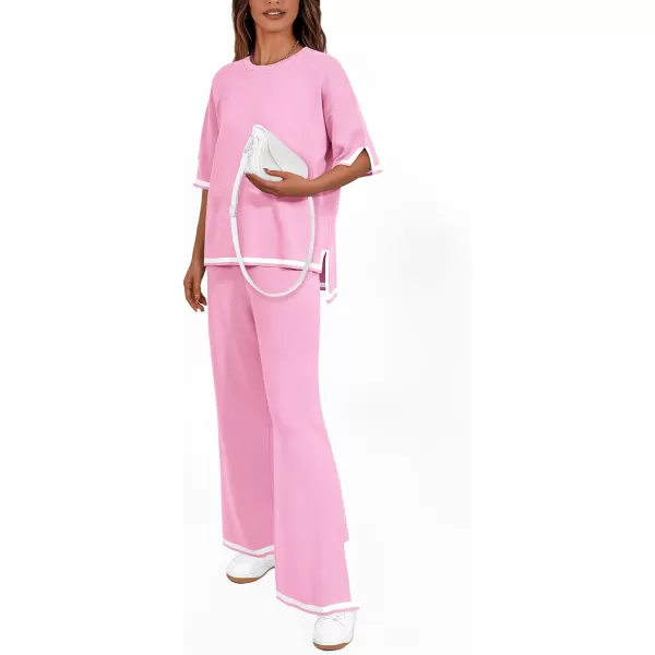 imagePRETTYGARDEN Womens Summer 2 Piece Outfits Casual Short Sleeve Knit Sweater Tops Wide Leg Pants Lounge Sets TracksuitsPink