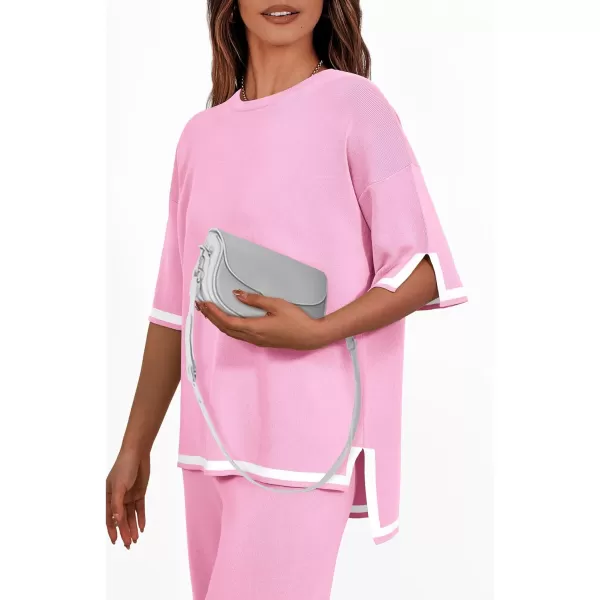 imagePRETTYGARDEN Womens Summer 2 Piece Outfits Casual Short Sleeve Knit Sweater Tops Wide Leg Pants Lounge Sets TracksuitsPink