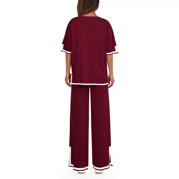imagePRETTYGARDEN Womens Summer 2 Piece Outfits Casual Short Sleeve Knit Sweater Tops Wide Leg Pants Lounge Sets TracksuitsWine Red