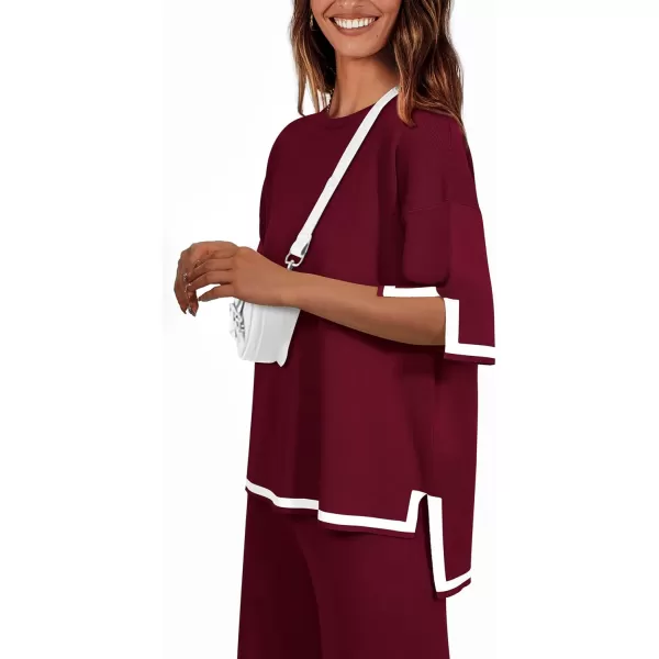 imagePRETTYGARDEN Womens Summer 2 Piece Outfits Casual Short Sleeve Knit Sweater Tops Wide Leg Pants Lounge Sets TracksuitsWine Red