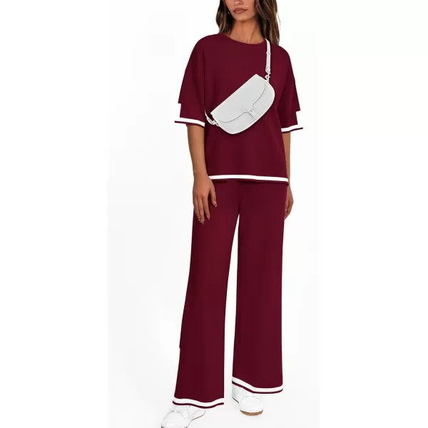 imagePRETTYGARDEN Womens Summer 2 Piece Outfits Casual Short Sleeve Knit Sweater Tops Wide Leg Pants Lounge Sets TracksuitsWine Red