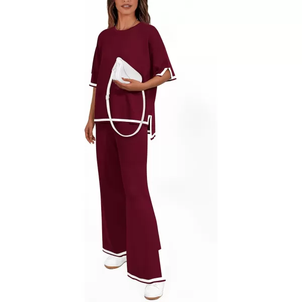 imagePRETTYGARDEN Womens Summer 2 Piece Outfits Casual Short Sleeve Knit Sweater Tops Wide Leg Pants Lounge Sets TracksuitsWine Red