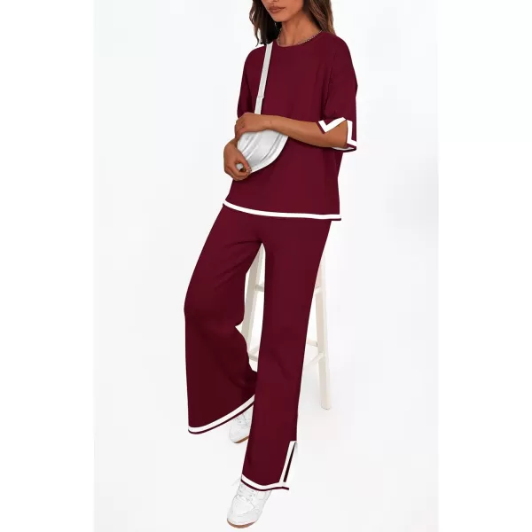 imagePRETTYGARDEN Womens Summer 2 Piece Outfits Casual Short Sleeve Knit Sweater Tops Wide Leg Pants Lounge Sets TracksuitsWine Red