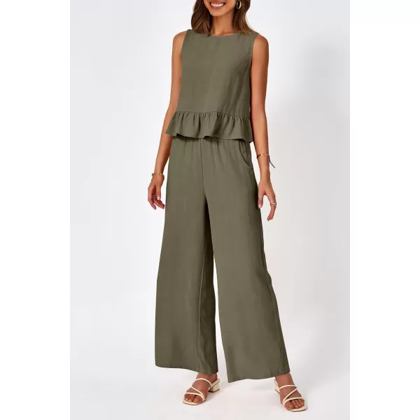 imagePRETTYGARDEN Womens Summer 2 Piece Outfits Casual Sleeveless Ruffle Tank Top and Wide Leg Pants Loungewear SetArmy Green