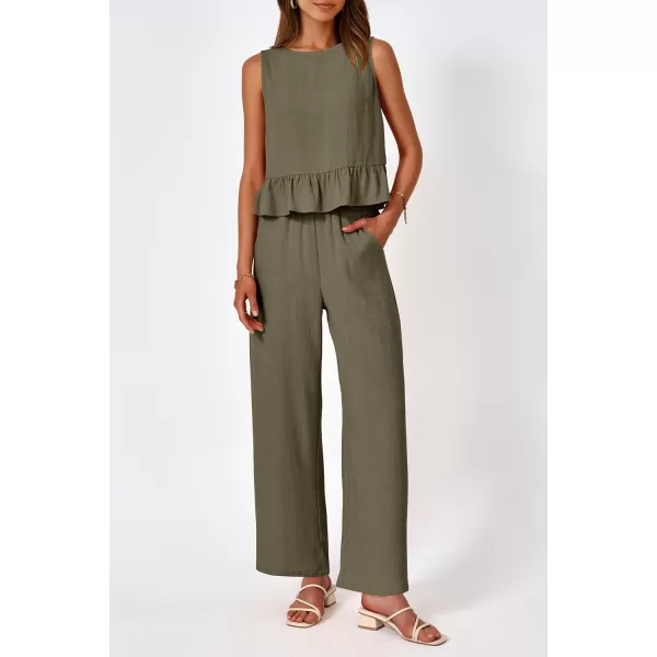 imagePRETTYGARDEN Womens Summer 2 Piece Outfits Casual Sleeveless Ruffle Tank Top and Wide Leg Pants Loungewear SetArmy Green