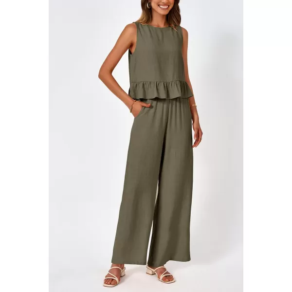 imagePRETTYGARDEN Womens Summer 2 Piece Outfits Casual Sleeveless Ruffle Tank Top and Wide Leg Pants Loungewear SetArmy Green
