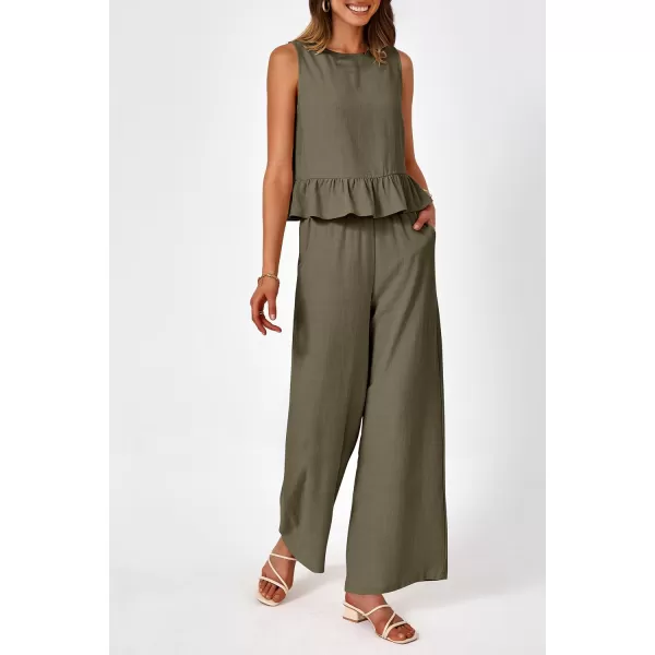 imagePRETTYGARDEN Womens Summer 2 Piece Outfits Casual Sleeveless Ruffle Tank Top and Wide Leg Pants Loungewear SetArmy Green