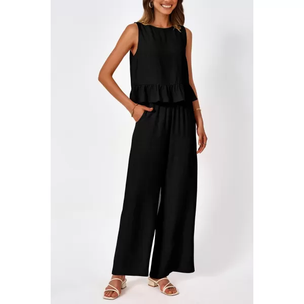imagePRETTYGARDEN Womens Summer 2 Piece Outfits Casual Sleeveless Ruffle Tank Top and Wide Leg Pants Loungewear SetBlack