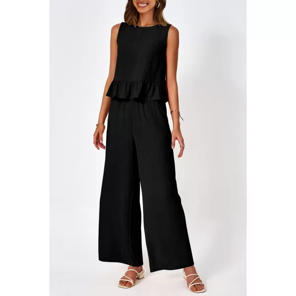 imagePRETTYGARDEN Womens Summer 2 Piece Outfits Casual Sleeveless Ruffle Tank Top and Wide Leg Pants Loungewear SetBlack