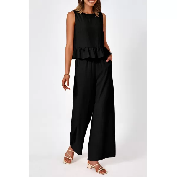 imagePRETTYGARDEN Womens Summer 2 Piece Outfits Casual Sleeveless Ruffle Tank Top and Wide Leg Pants Loungewear SetBlack