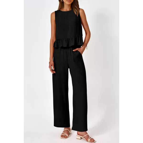 imagePRETTYGARDEN Womens Summer 2 Piece Outfits Casual Sleeveless Ruffle Tank Top and Wide Leg Pants Loungewear SetBlack