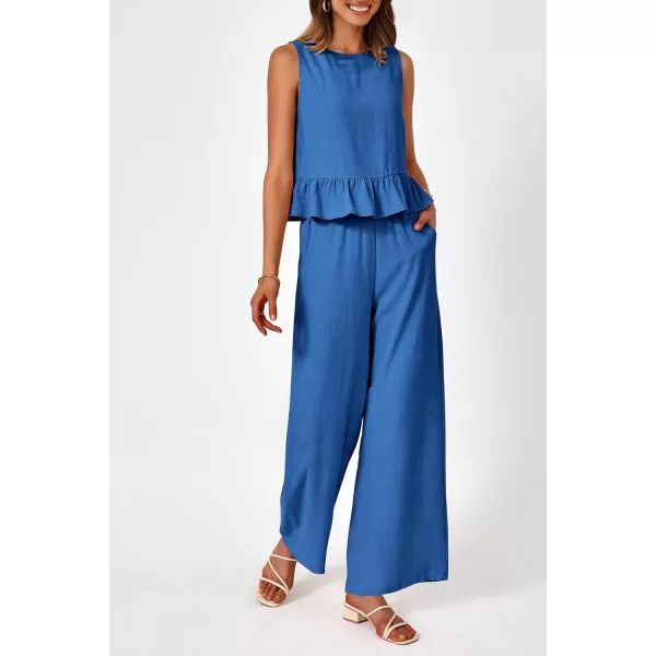 imagePRETTYGARDEN Womens Summer 2 Piece Outfits Casual Sleeveless Ruffle Tank Top and Wide Leg Pants Loungewear SetBlue