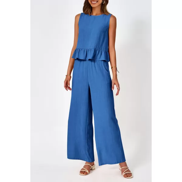 imagePRETTYGARDEN Womens Summer 2 Piece Outfits Casual Sleeveless Ruffle Tank Top and Wide Leg Pants Loungewear SetBlue