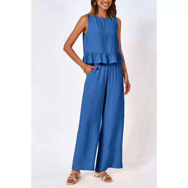 imagePRETTYGARDEN Womens Summer 2 Piece Outfits Casual Sleeveless Ruffle Tank Top and Wide Leg Pants Loungewear SetBlue