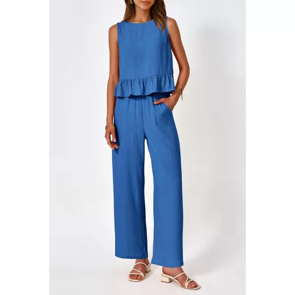 imagePRETTYGARDEN Womens Summer 2 Piece Outfits Casual Sleeveless Ruffle Tank Top and Wide Leg Pants Loungewear SetBlue