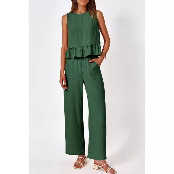 imagePRETTYGARDEN Womens Summer 2 Piece Outfits Casual Sleeveless Ruffle Tank Top and Wide Leg Pants Loungewear SetGreen