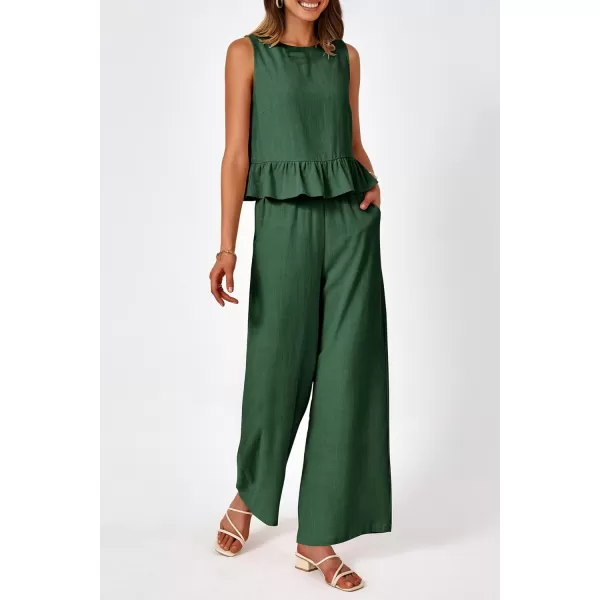 imagePRETTYGARDEN Womens Summer 2 Piece Outfits Casual Sleeveless Ruffle Tank Top and Wide Leg Pants Loungewear SetGreen