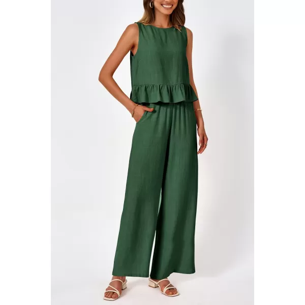 imagePRETTYGARDEN Womens Summer 2 Piece Outfits Casual Sleeveless Ruffle Tank Top and Wide Leg Pants Loungewear SetGreen