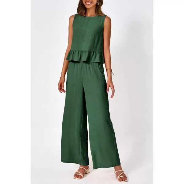 imagePRETTYGARDEN Womens Summer 2 Piece Outfits Casual Sleeveless Ruffle Tank Top and Wide Leg Pants Loungewear SetGreen