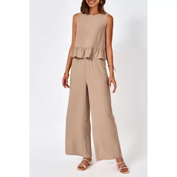 imagePRETTYGARDEN Womens Summer 2 Piece Outfits Casual Sleeveless Ruffle Tank Top and Wide Leg Pants Loungewear SetKhaki