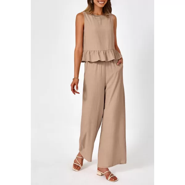 imagePRETTYGARDEN Womens Summer 2 Piece Outfits Casual Sleeveless Ruffle Tank Top and Wide Leg Pants Loungewear SetKhaki