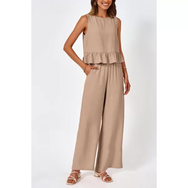 imagePRETTYGARDEN Womens Summer 2 Piece Outfits Casual Sleeveless Ruffle Tank Top and Wide Leg Pants Loungewear SetKhaki