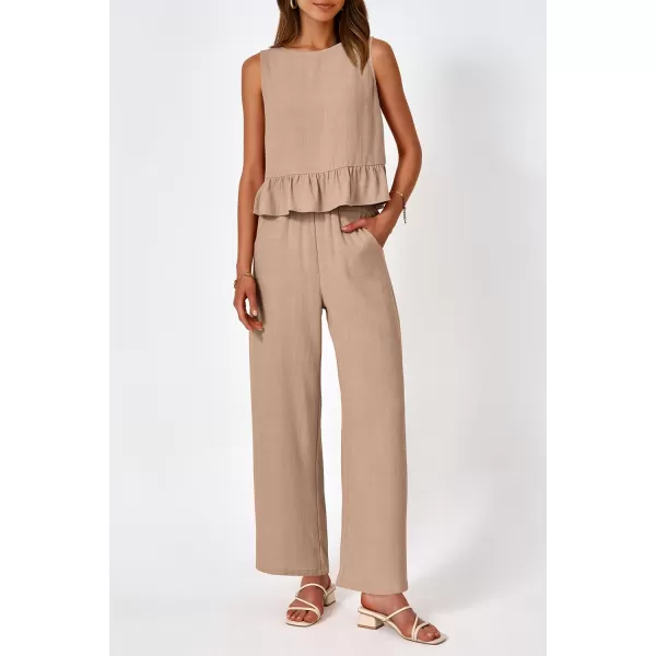 imagePRETTYGARDEN Womens Summer 2 Piece Outfits Casual Sleeveless Ruffle Tank Top and Wide Leg Pants Loungewear SetKhaki
