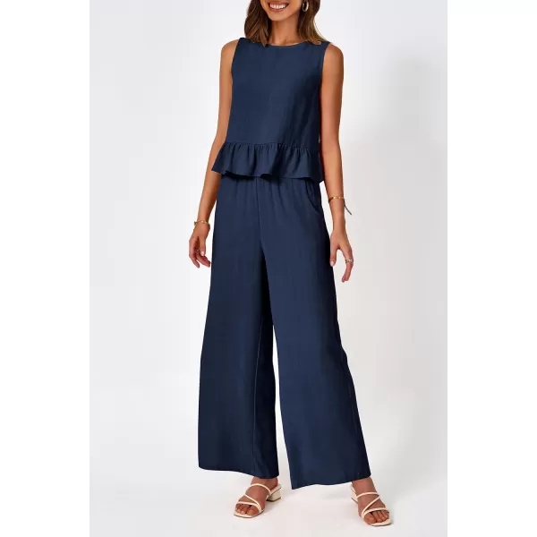 imagePRETTYGARDEN Womens Summer 2 Piece Outfits Casual Sleeveless Ruffle Tank Top and Wide Leg Pants Loungewear SetNavy