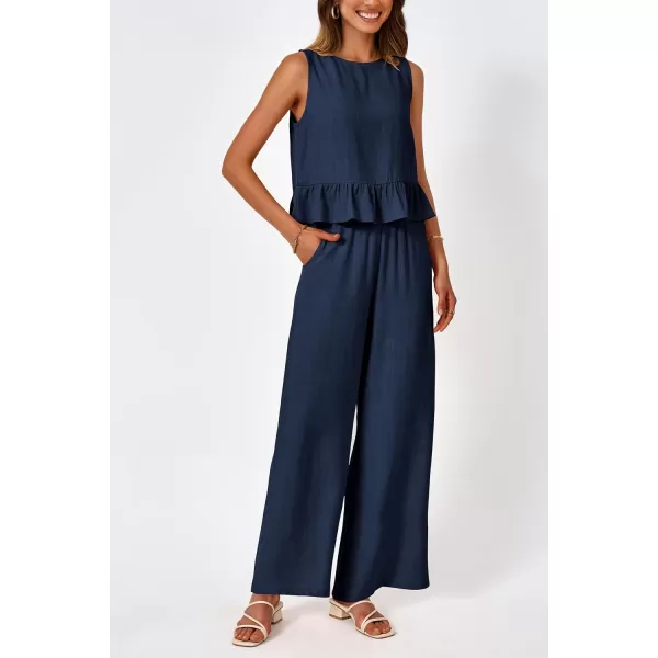 imagePRETTYGARDEN Womens Summer 2 Piece Outfits Casual Sleeveless Ruffle Tank Top and Wide Leg Pants Loungewear SetNavy