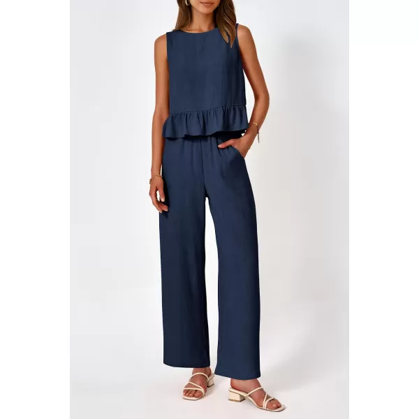 imagePRETTYGARDEN Womens Summer 2 Piece Outfits Casual Sleeveless Ruffle Tank Top and Wide Leg Pants Loungewear SetNavy