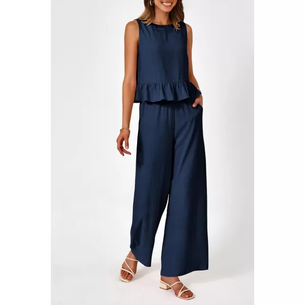 imagePRETTYGARDEN Womens Summer 2 Piece Outfits Casual Sleeveless Ruffle Tank Top and Wide Leg Pants Loungewear SetNavy