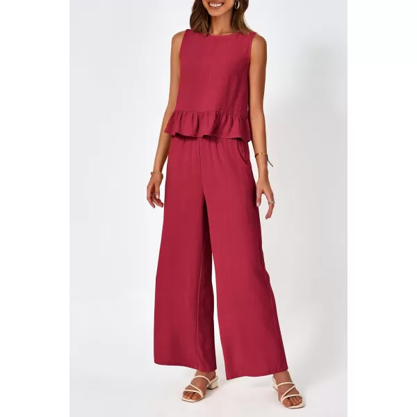 imagePRETTYGARDEN Womens Summer 2 Piece Outfits Casual Sleeveless Ruffle Tank Top and Wide Leg Pants Loungewear SetRed