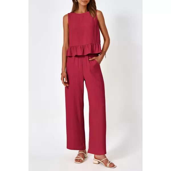 imagePRETTYGARDEN Womens Summer 2 Piece Outfits Casual Sleeveless Ruffle Tank Top and Wide Leg Pants Loungewear SetRed