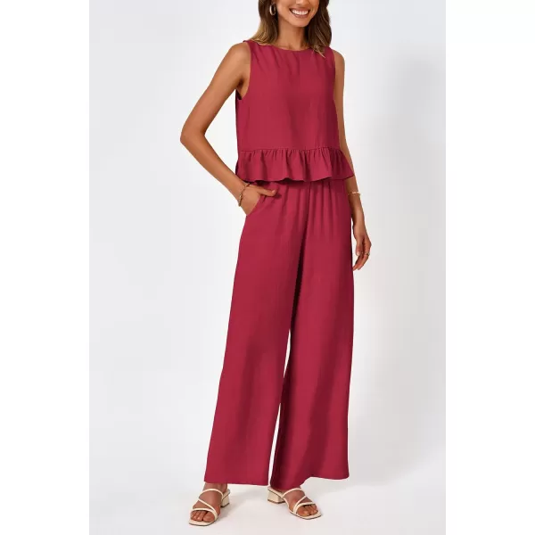 imagePRETTYGARDEN Womens Summer 2 Piece Outfits Casual Sleeveless Ruffle Tank Top and Wide Leg Pants Loungewear SetRed