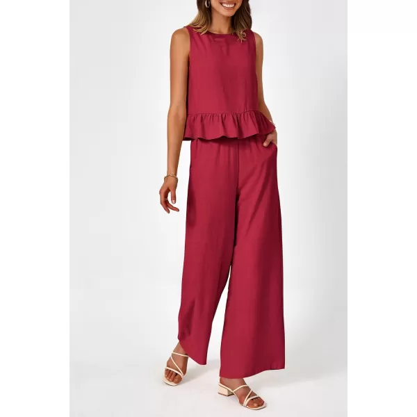 imagePRETTYGARDEN Womens Summer 2 Piece Outfits Casual Sleeveless Ruffle Tank Top and Wide Leg Pants Loungewear SetRed