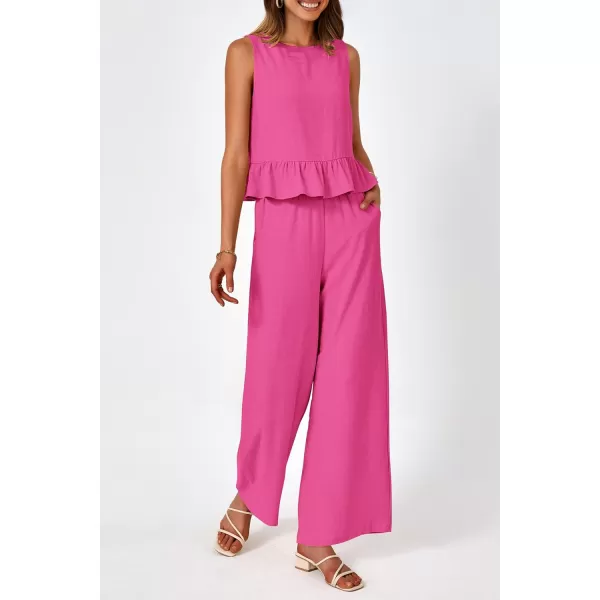 imagePRETTYGARDEN Womens Summer 2 Piece Outfits Casual Sleeveless Ruffle Tank Top and Wide Leg Pants Loungewear SetRose Red