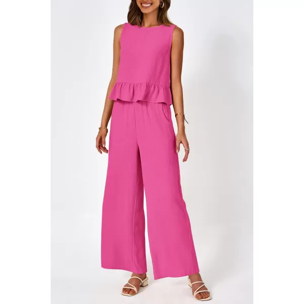 imagePRETTYGARDEN Womens Summer 2 Piece Outfits Casual Sleeveless Ruffle Tank Top and Wide Leg Pants Loungewear SetRose Red