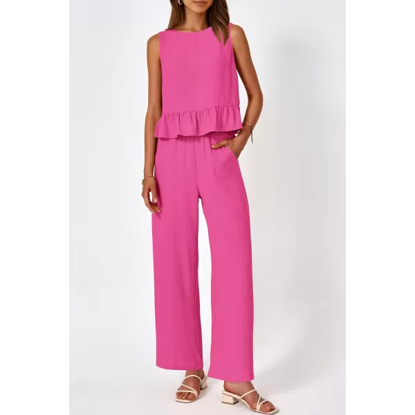 imagePRETTYGARDEN Womens Summer 2 Piece Outfits Casual Sleeveless Ruffle Tank Top and Wide Leg Pants Loungewear SetRose Red