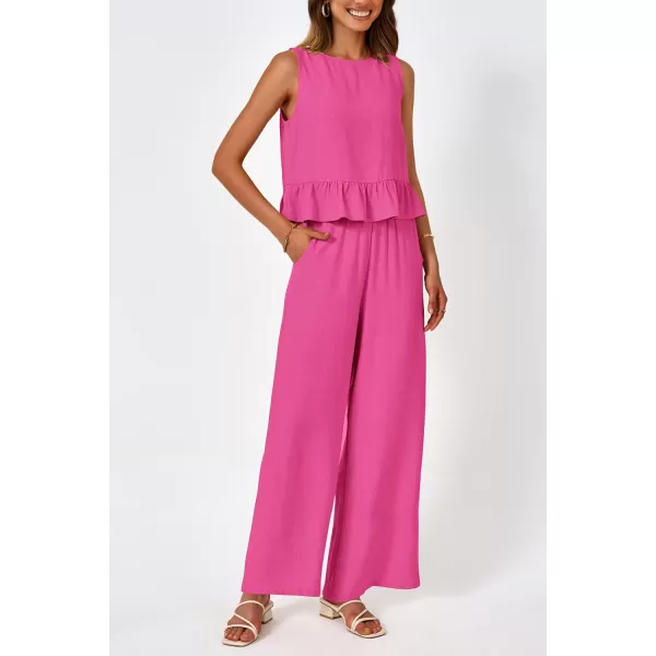 imagePRETTYGARDEN Womens Summer 2 Piece Outfits Casual Sleeveless Ruffle Tank Top and Wide Leg Pants Loungewear SetRose Red