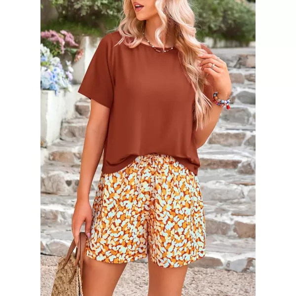 imagePRETTYGARDEN Womens Summer 2 Piece Outfits Lounge Sets Short Sleeve Tee Shirts Tops Blouses Pockets Printed Shorts TracksuitBrown