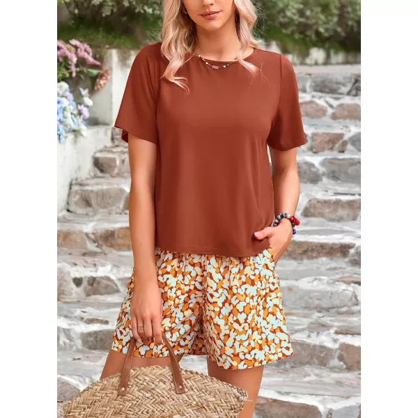 imagePRETTYGARDEN Womens Summer 2 Piece Outfits Lounge Sets Short Sleeve Tee Shirts Tops Blouses Pockets Printed Shorts TracksuitBrown
