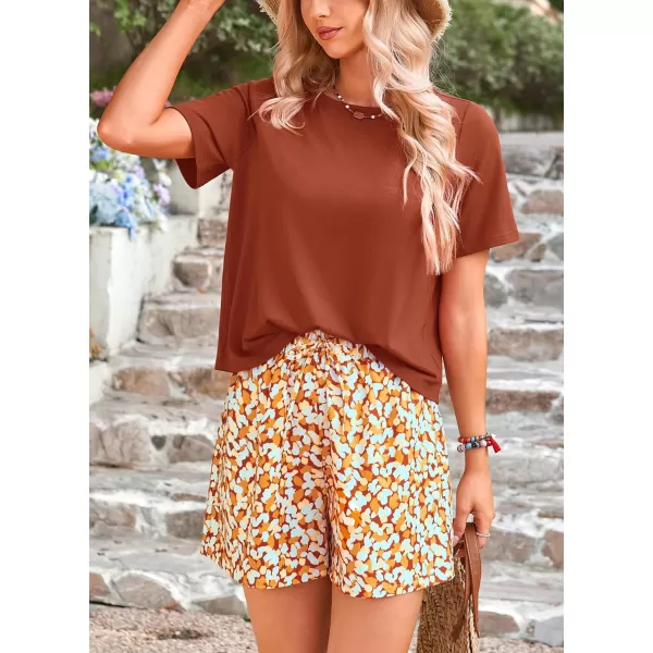 imagePRETTYGARDEN Womens Summer 2 Piece Outfits Lounge Sets Short Sleeve Tee Shirts Tops Blouses Pockets Printed Shorts TracksuitBrown