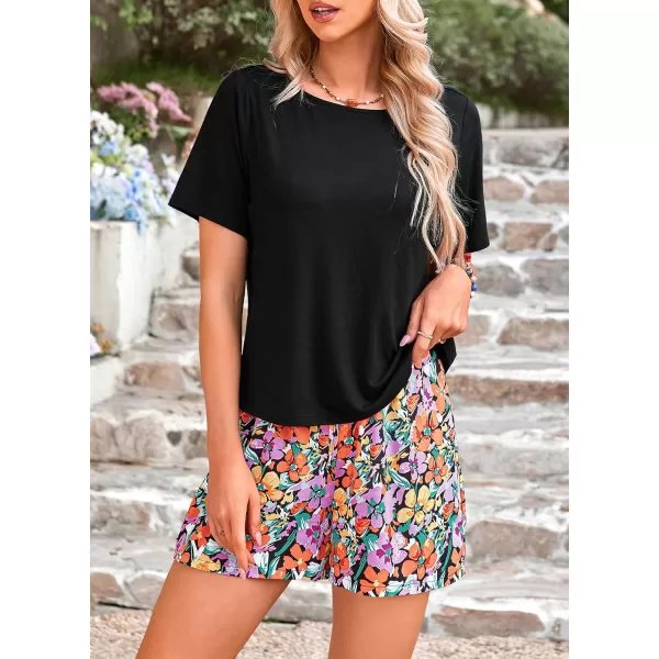 imagePRETTYGARDEN Womens Summer 2 Piece Outfits Lounge Sets Short Sleeve Tee Shirts Tops Blouses Pockets Printed Shorts TracksuitFloral Black