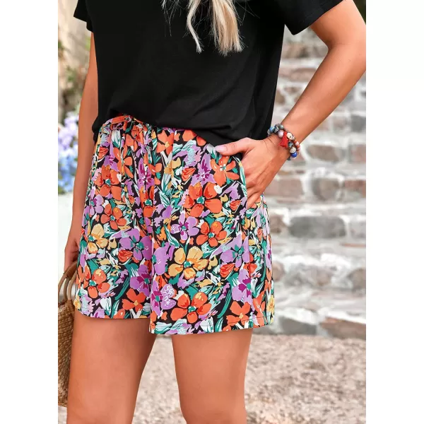 imagePRETTYGARDEN Womens Summer 2 Piece Outfits Lounge Sets Short Sleeve Tee Shirts Tops Blouses Pockets Printed Shorts TracksuitFloral Black