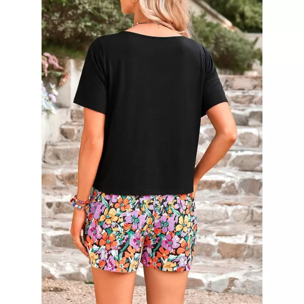 imagePRETTYGARDEN Womens Summer 2 Piece Outfits Lounge Sets Short Sleeve Tee Shirts Tops Blouses Pockets Printed Shorts TracksuitFloral Black
