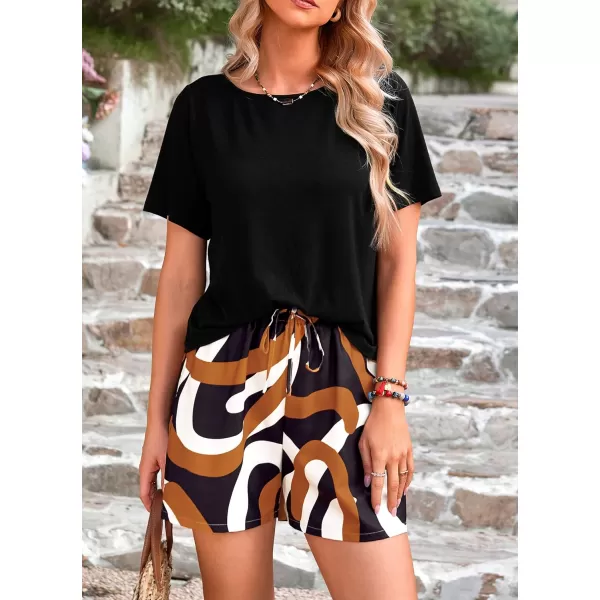 imagePRETTYGARDEN Womens Summer 2 Piece Outfits Lounge Sets Short Sleeve Tee Shirts Tops Blouses Pockets Printed Shorts TracksuitFloral Black Multicolored
